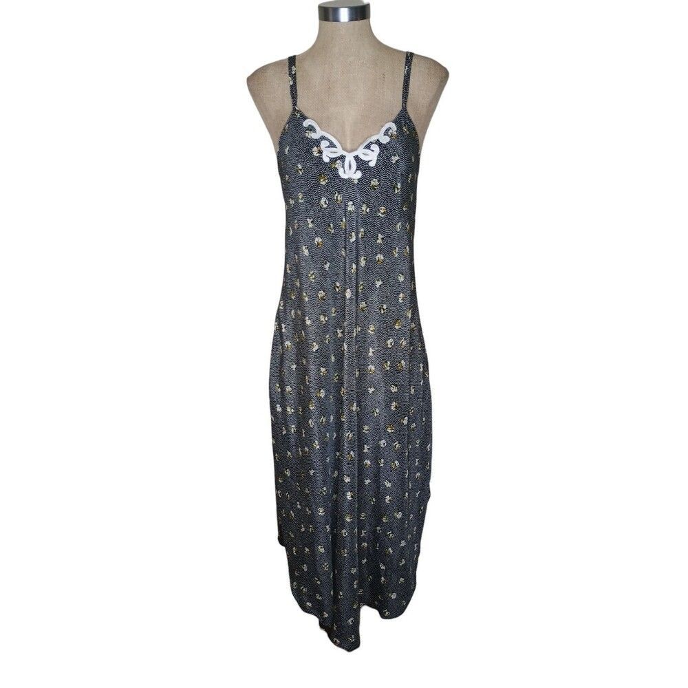 Natori II Midi Slip Dress Chemise Nightgown Womens Small Silky Black Floral